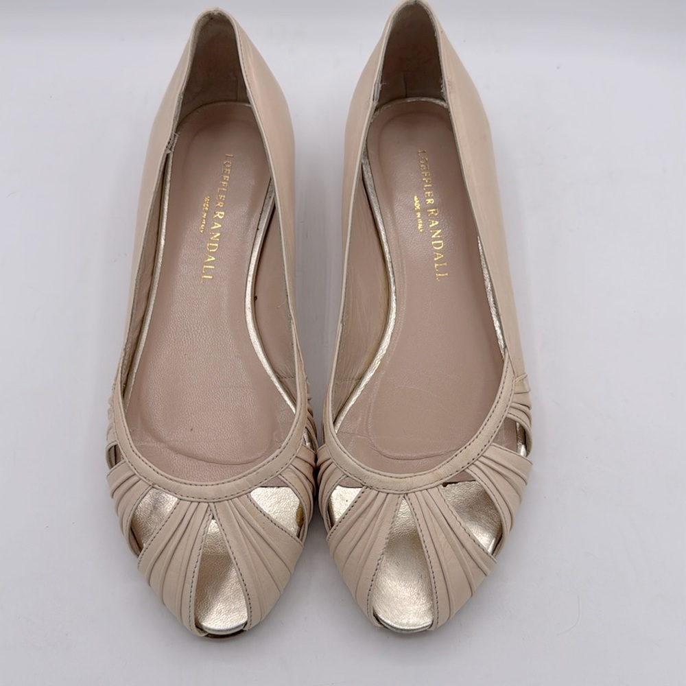 Loeffler Randall Pleat Cutout Peep Toe Heeled Leather Flats SZ 7B made in Italy
